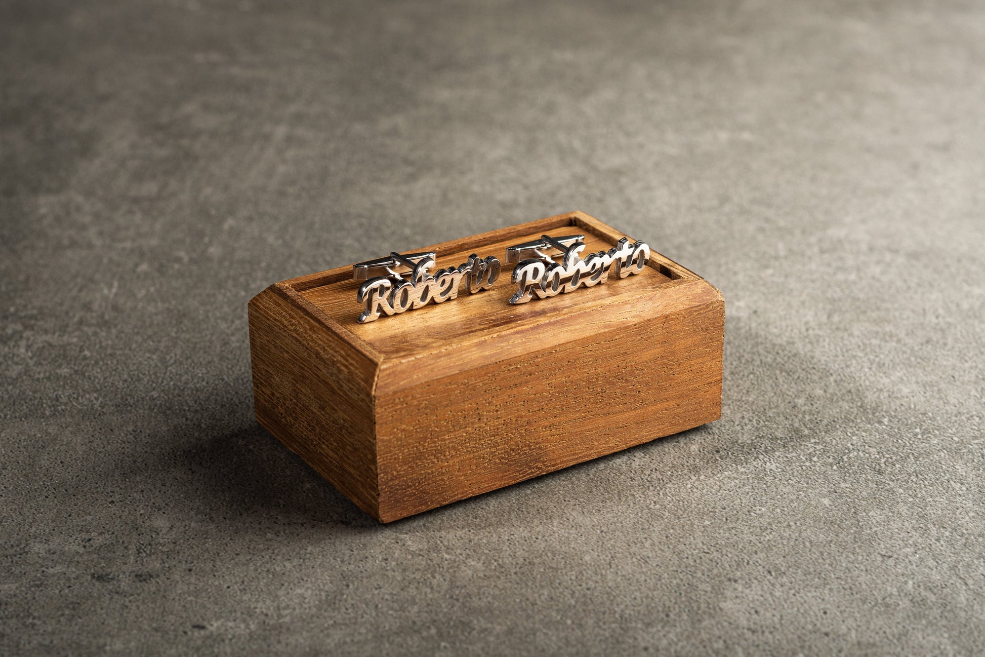 Personalized script name cufflinks in a premium Magnolia Men gift box